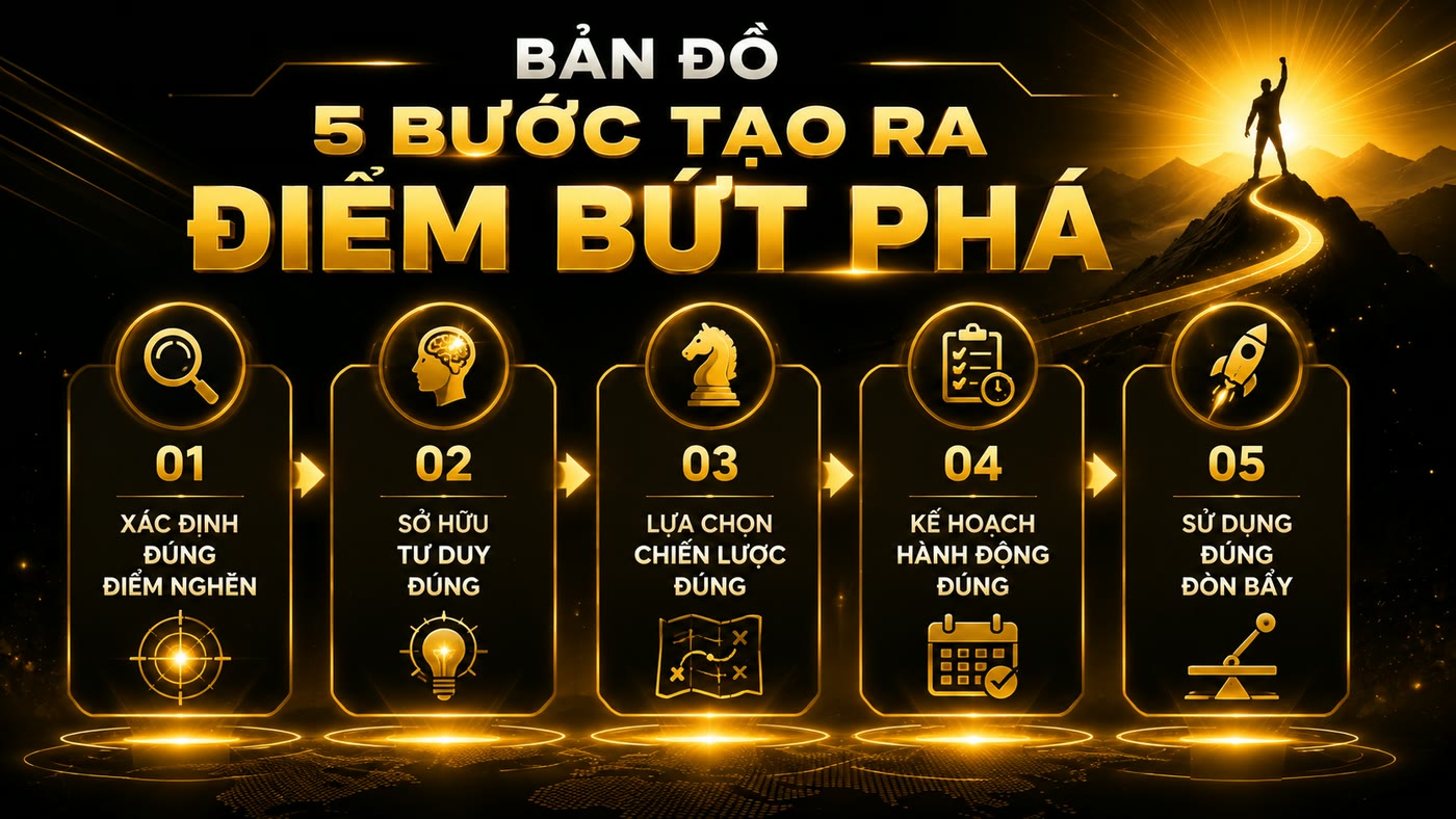 Bản đồ 5 bước tạo ra Điểm Bứt Phá: Xác định đúng điểm nghẽn, Sở hữu tư duy đúng, Lựa chọn chiến lược đúng, Kế hoạch hành động đúng, Sử dụng đúng đòn bẩy