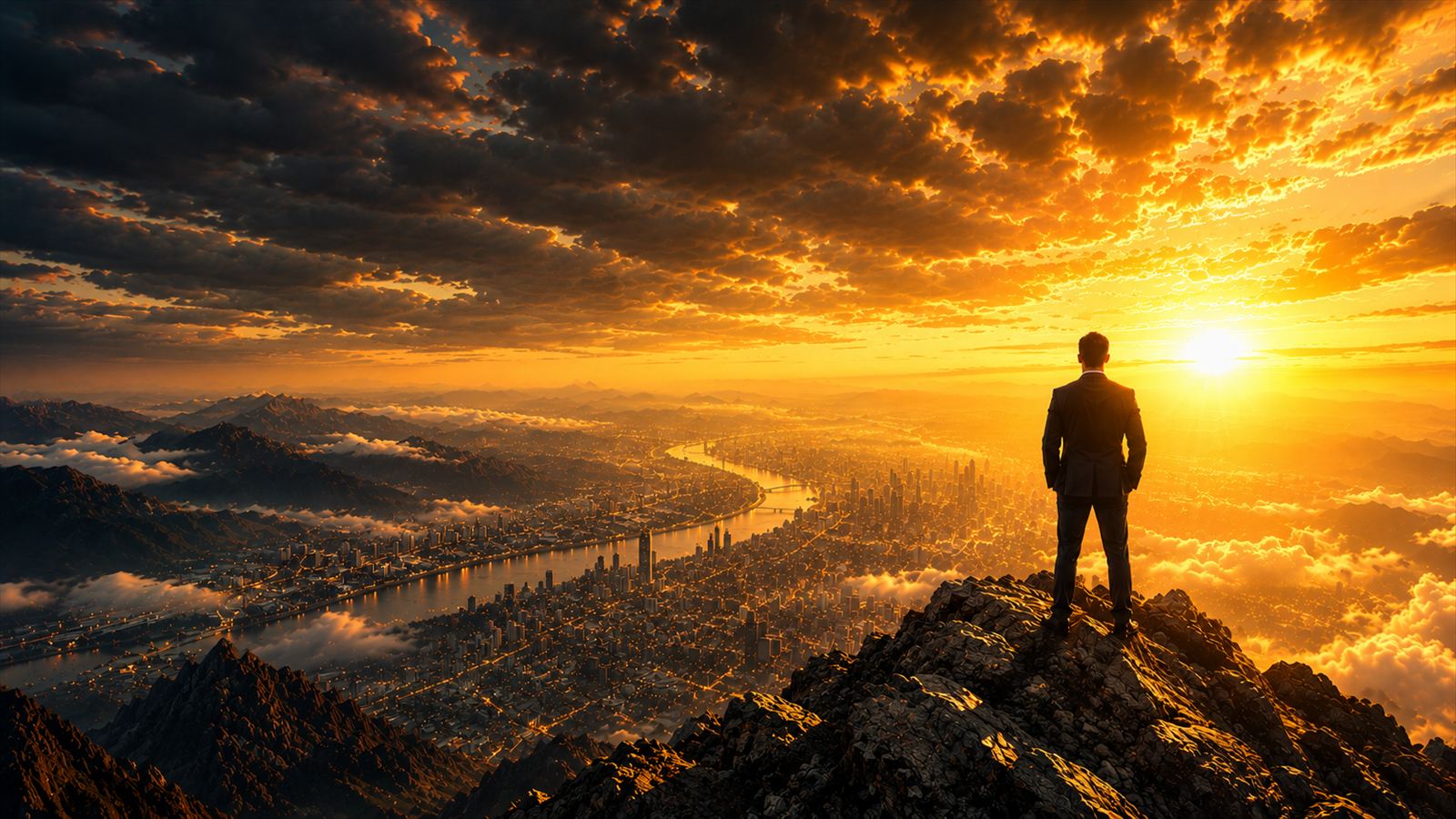 Người lãnh đạo đứng trên đỉnh núi nhìn về thành phố lúc bình minh