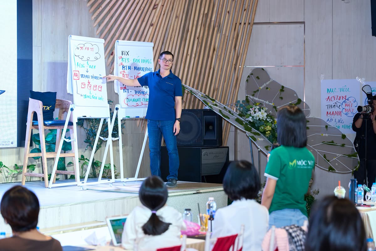 Nguyễn Trương Tuyến hướng dẫn học viên trên bảng chiến lược