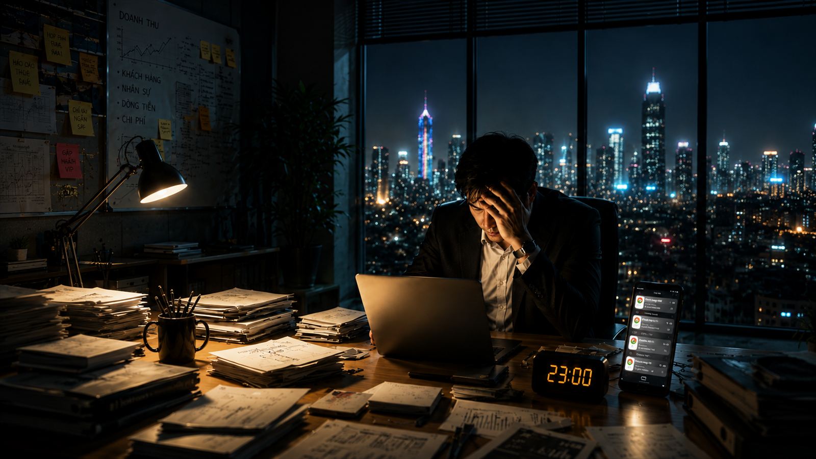 Người kinh doanh làm việc một mình lúc đêm khuya